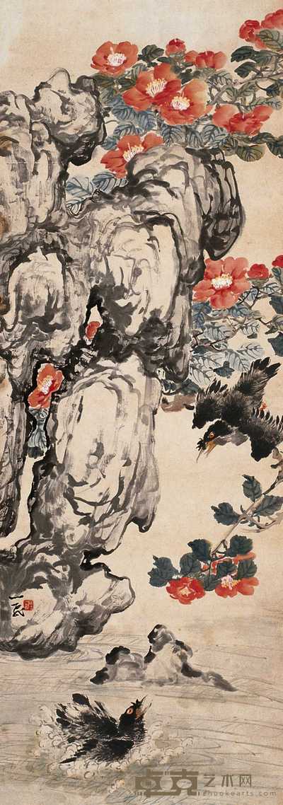陆抑非 茶花双禽图 片 140×46cm